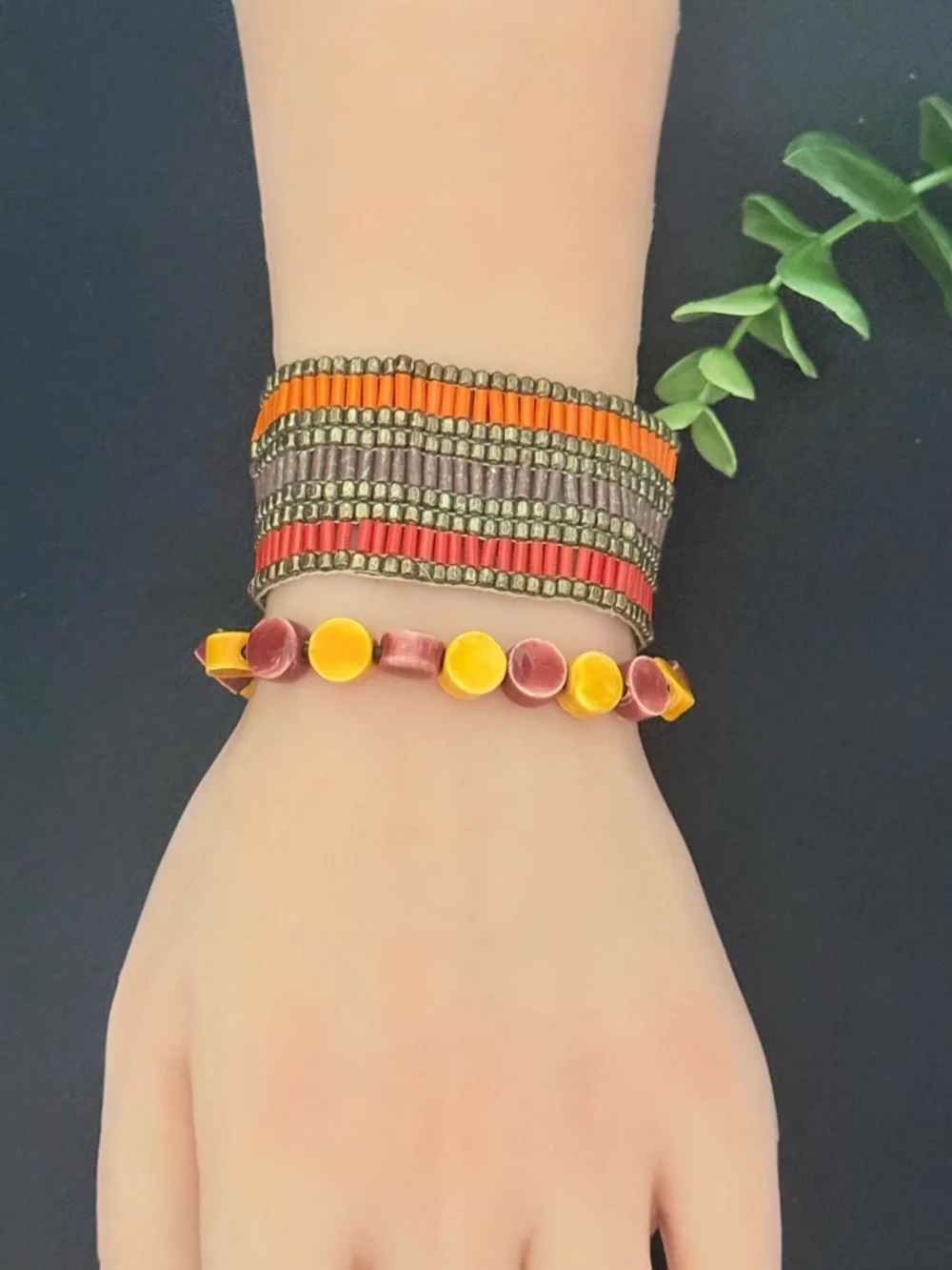 Boho Beaded Multistrand Bracelet and Watch Band‎ in Plum and Mustard (E5)